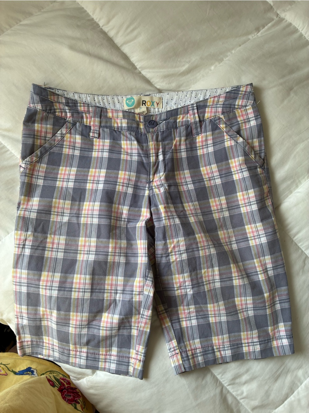 Roxy Plaid Shorts in Gray, Pink & Cream